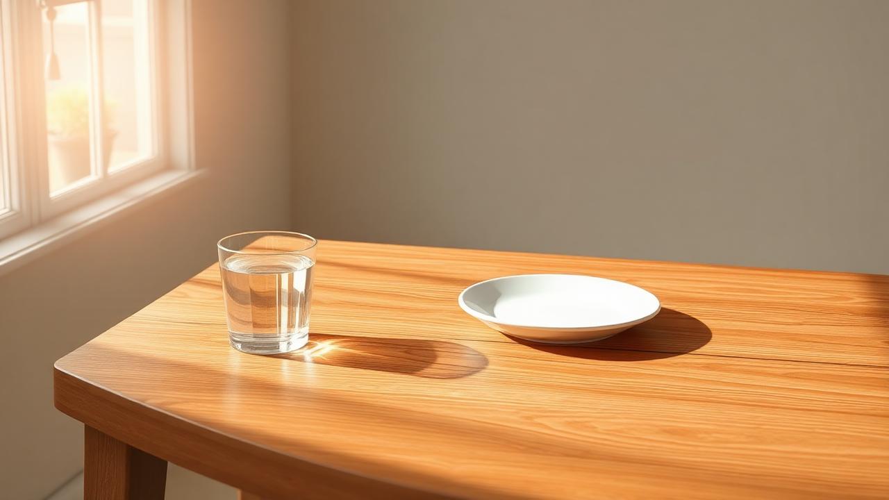 A glass of water and empty plate on a wooden table